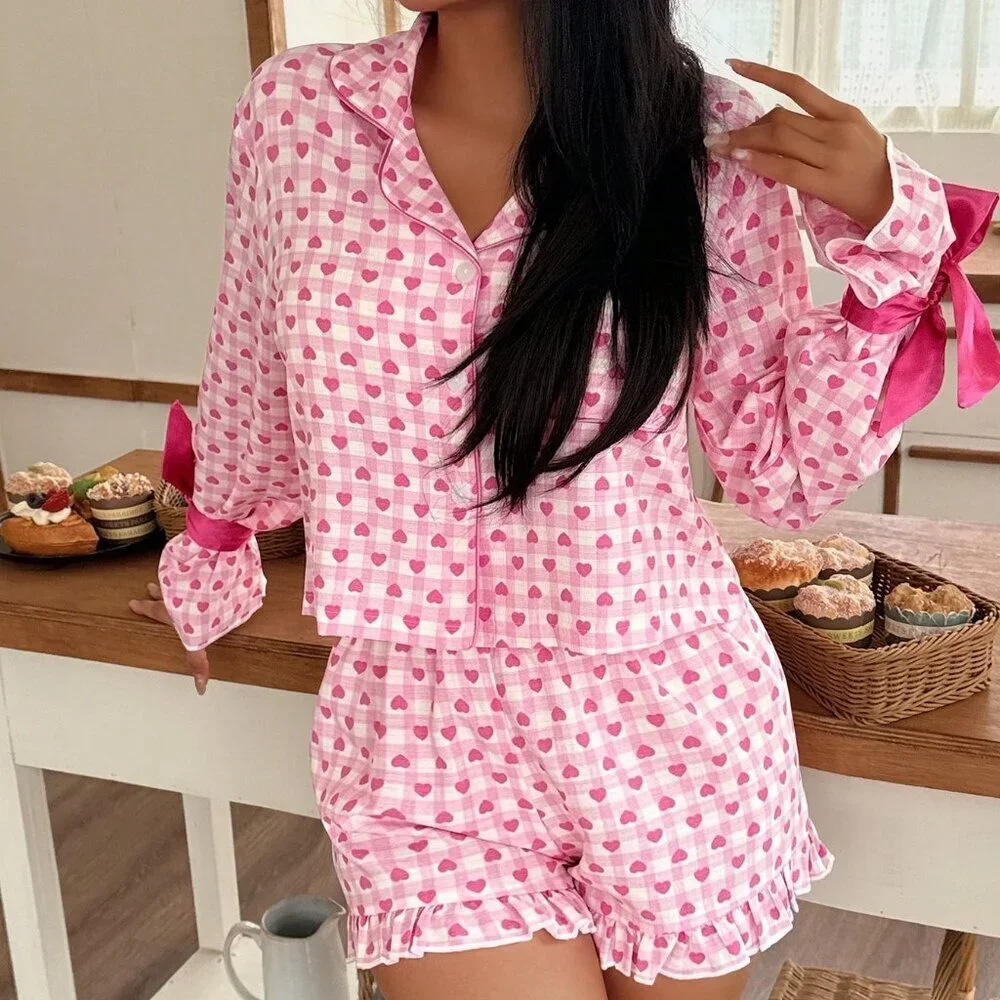 Pink Women's Heart Print Bowknot Pajama Set